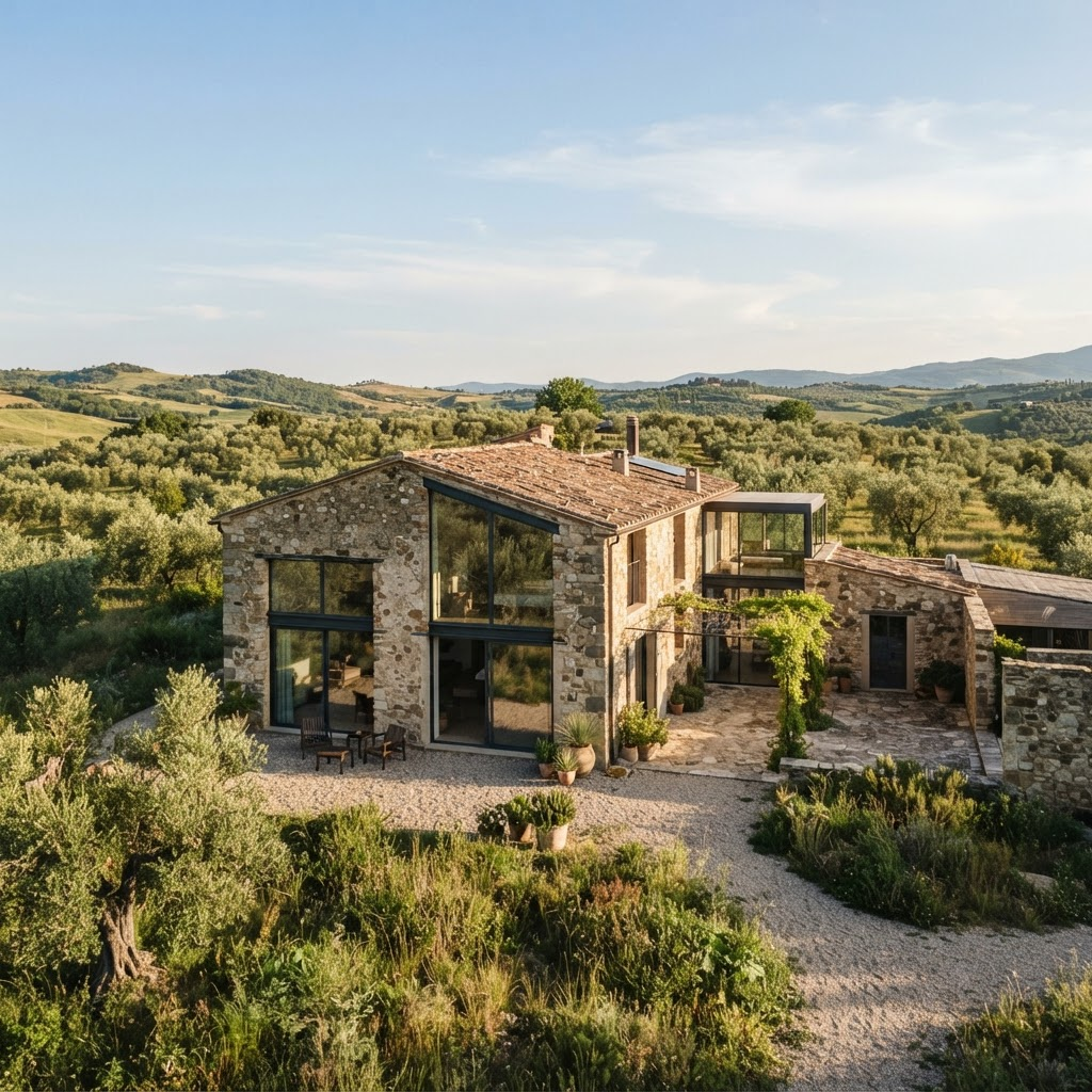 Restored stone farmhouse on OurLand estate, video preview