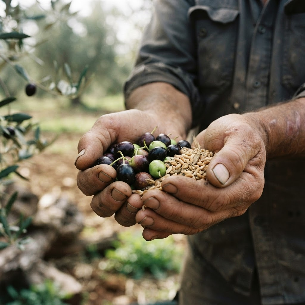 Farmer's hands holding organic olives and heirloom grain