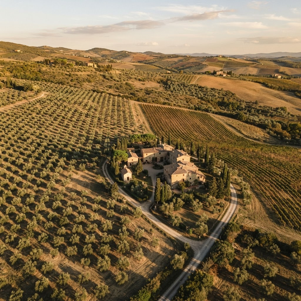 Aerial view of an olive grove and vineyard estate at golden hour